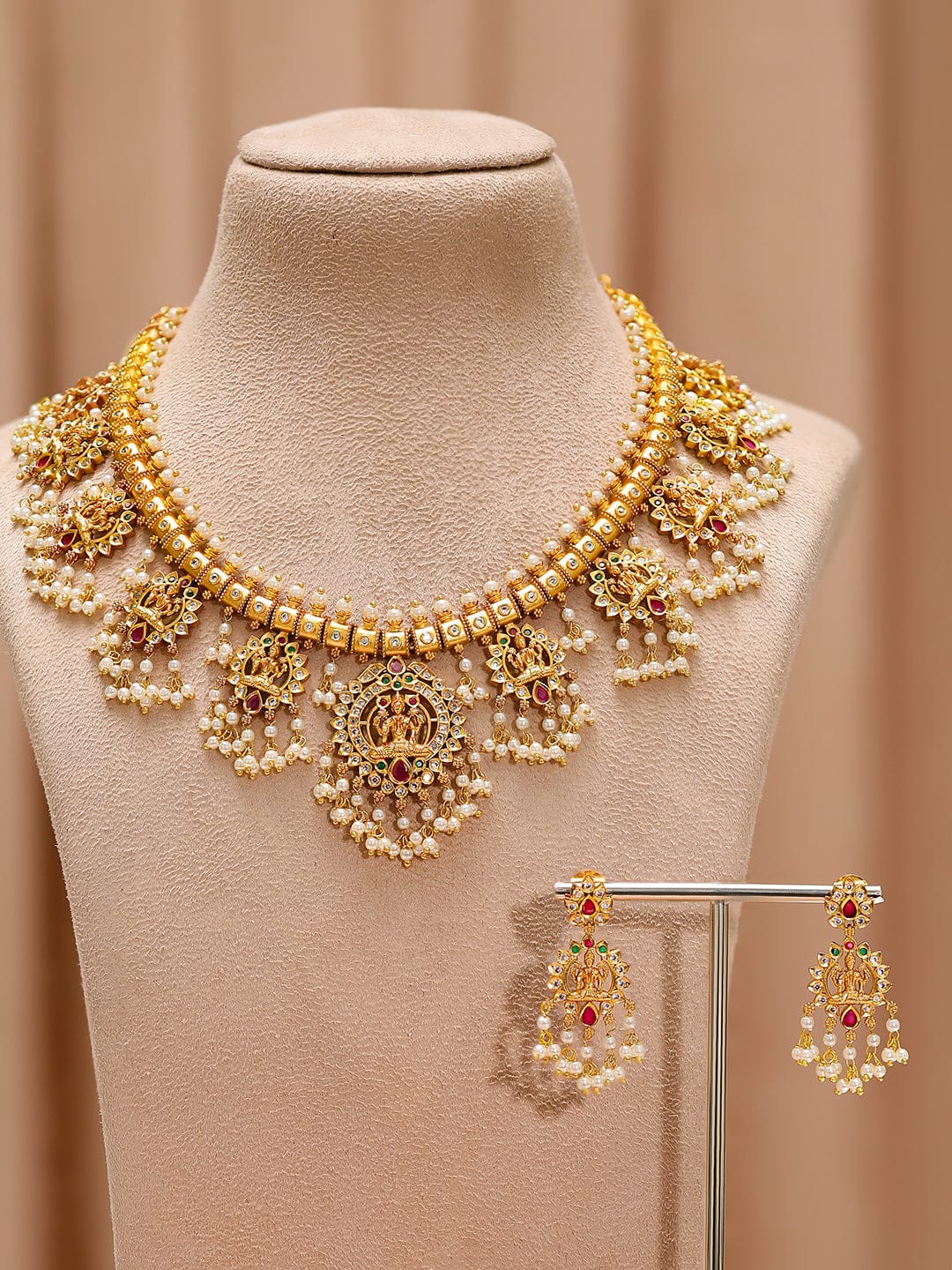 Laxmi Motif Necklace Set with Pearl Detailing Gold