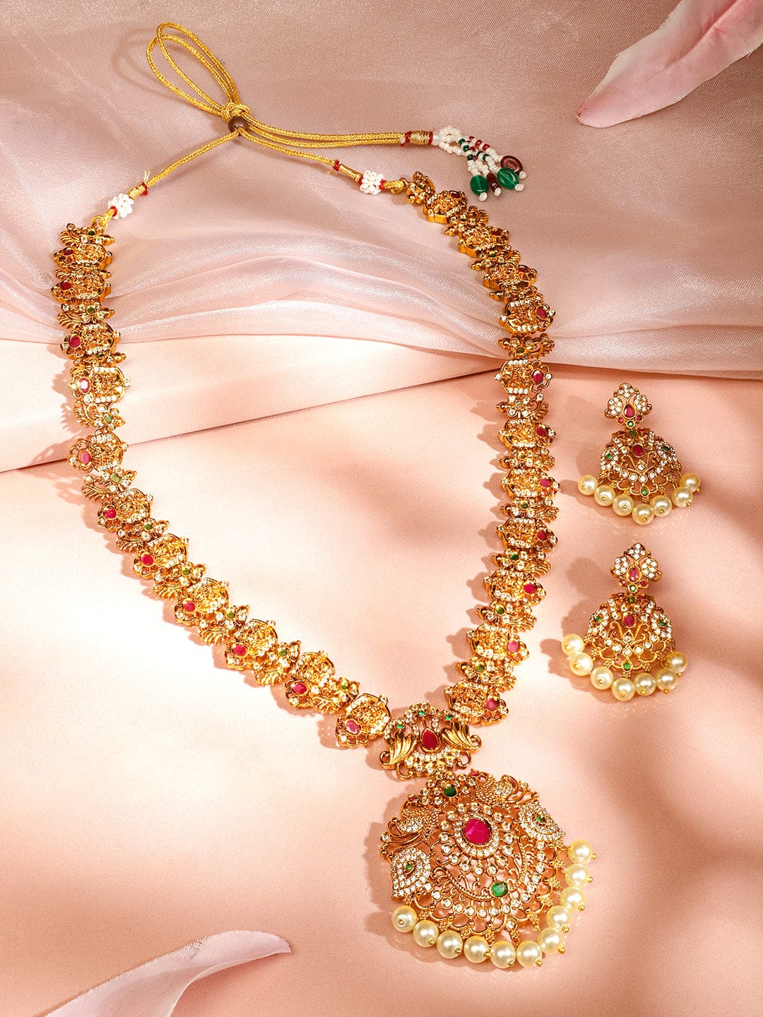Multicolor Studded Pearl Drop Necklace Set フリーサイズ