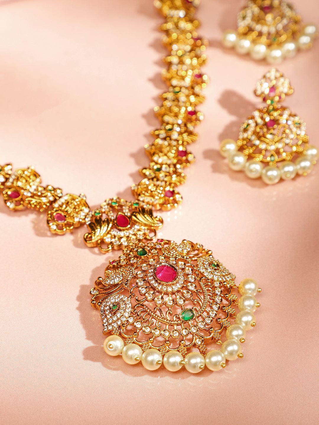 Multicolor Studded Pearl Drop Necklace Set フリーサイズ