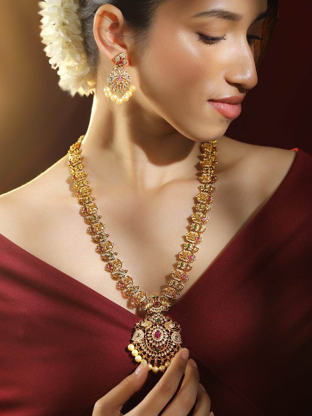 Multicolor Studded Pearl Drop Necklace Set フリーサイズ