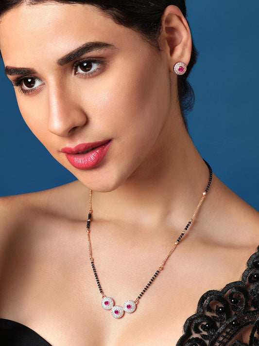 Pink American Diamond Zirconia Mangalsutra With Studs Rose Gold::Black