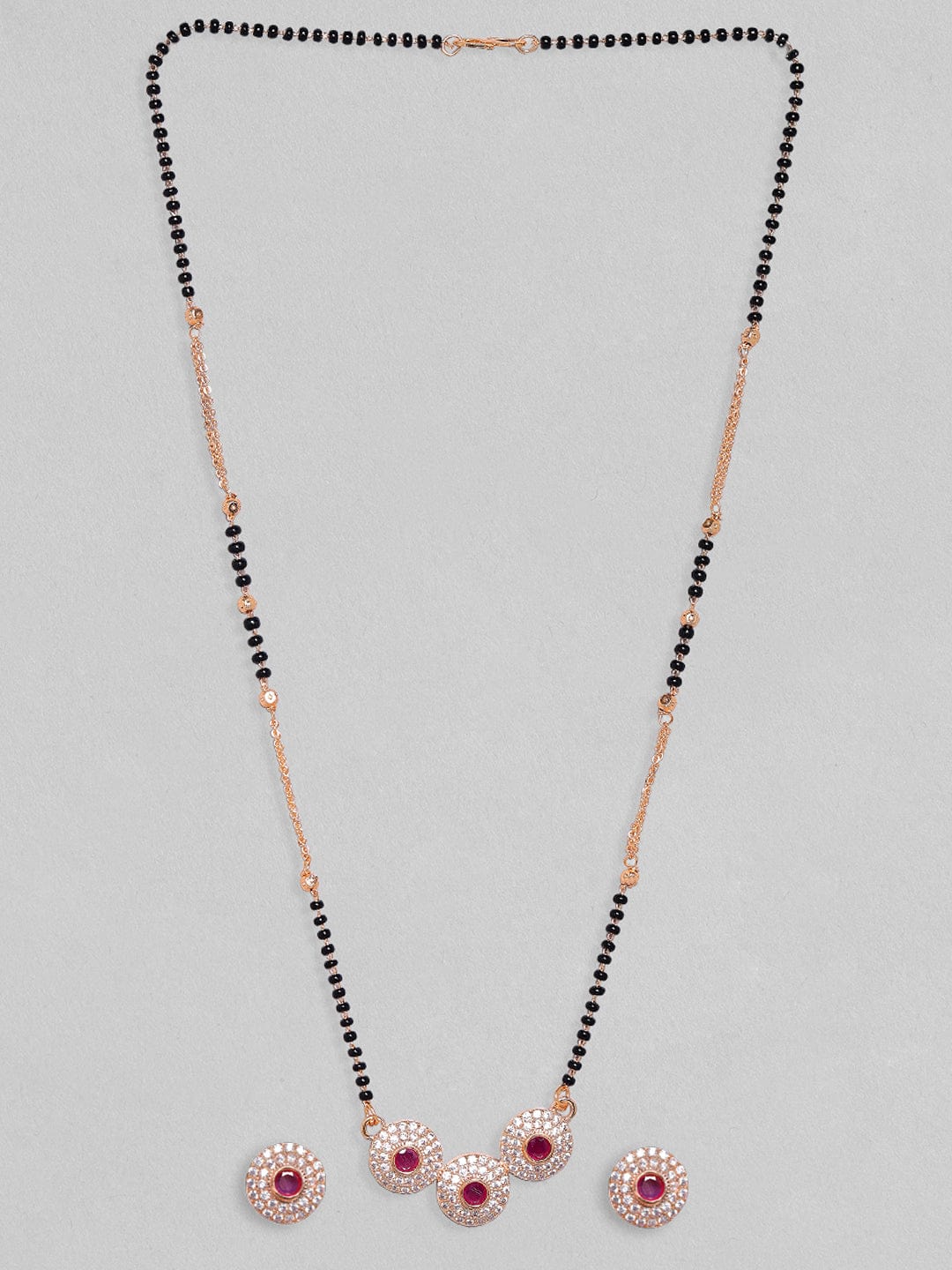 Pink American Diamond Zirconia Mangalsutra With Studs Rose Gold::Black