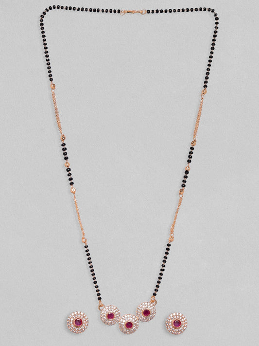 Pink American Diamond Zirconia Mangalsutra With Studs Rose Gold::Black