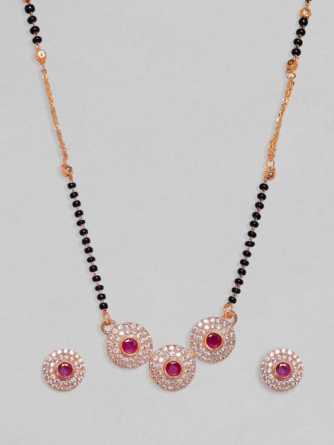 Pink American Diamond Zirconia Mangalsutra With Studs Rose Gold::Black