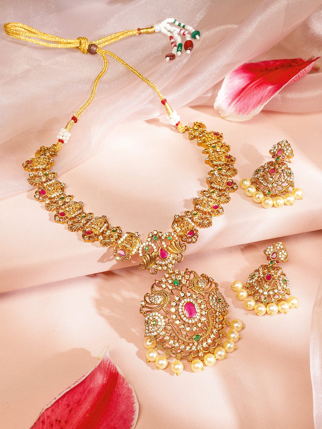 American Diamond Zirconia Necklace Set With Pearl Drops フリーサイズ