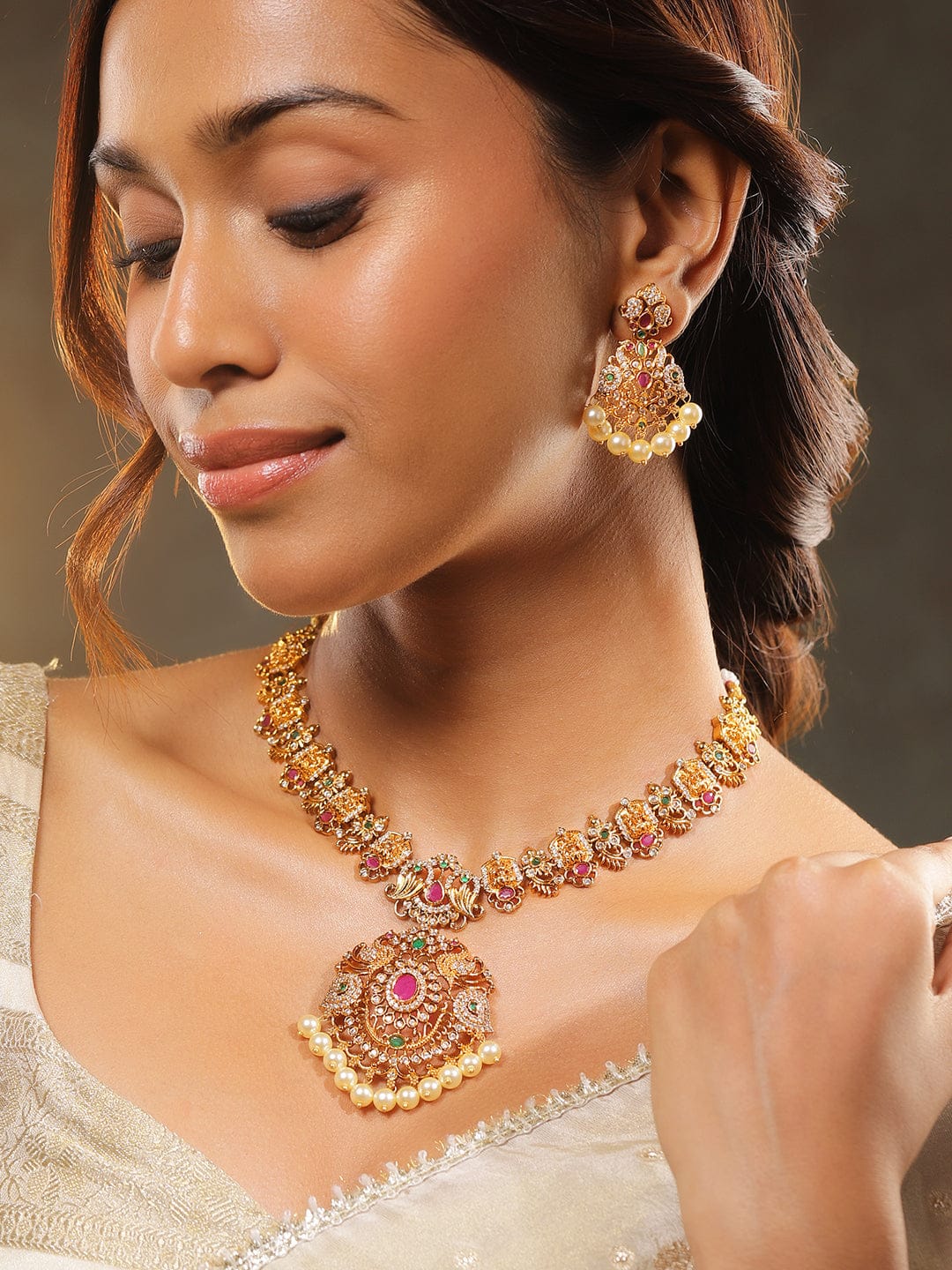 American Diamond Zirconia Necklace Set With Pearl Drops フリーサイズ