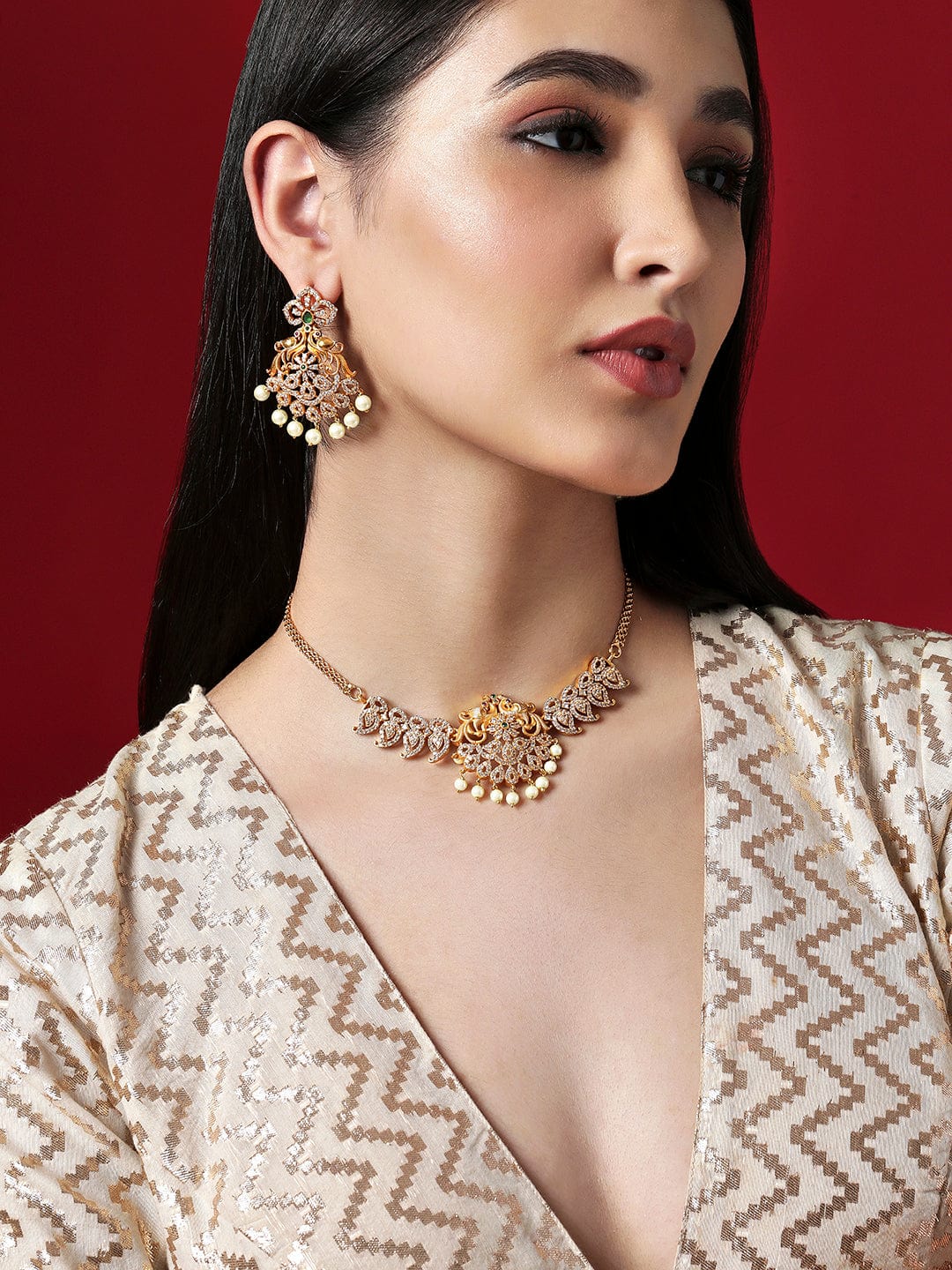 American Diamond Zirconia Pearl Drop Necklace Set Gold