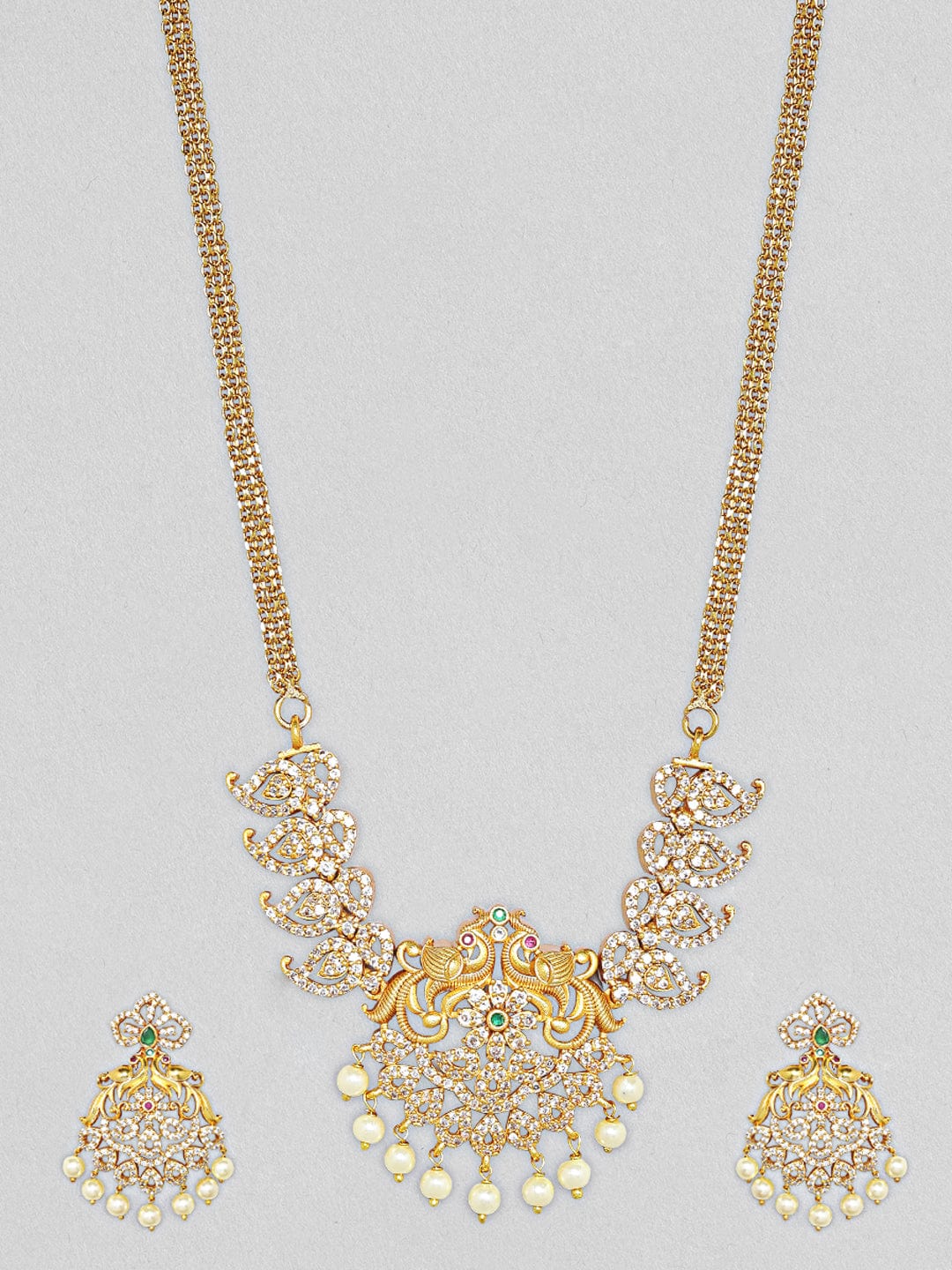 American Diamond Zirconia Pearl Drop Necklace Set Gold