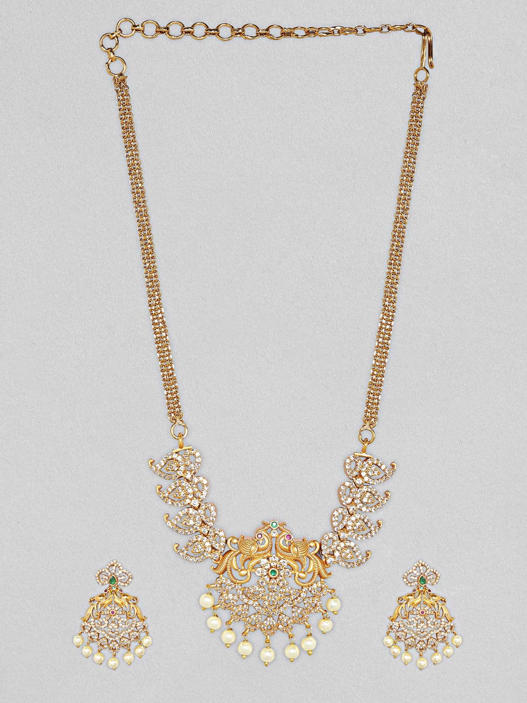 American Diamond Zirconia Pearl Drop Necklace Set Gold