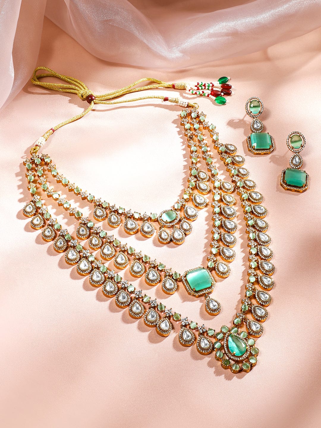 Gleaming Blue Multilayer Kundan Necklace Set Pastel Green