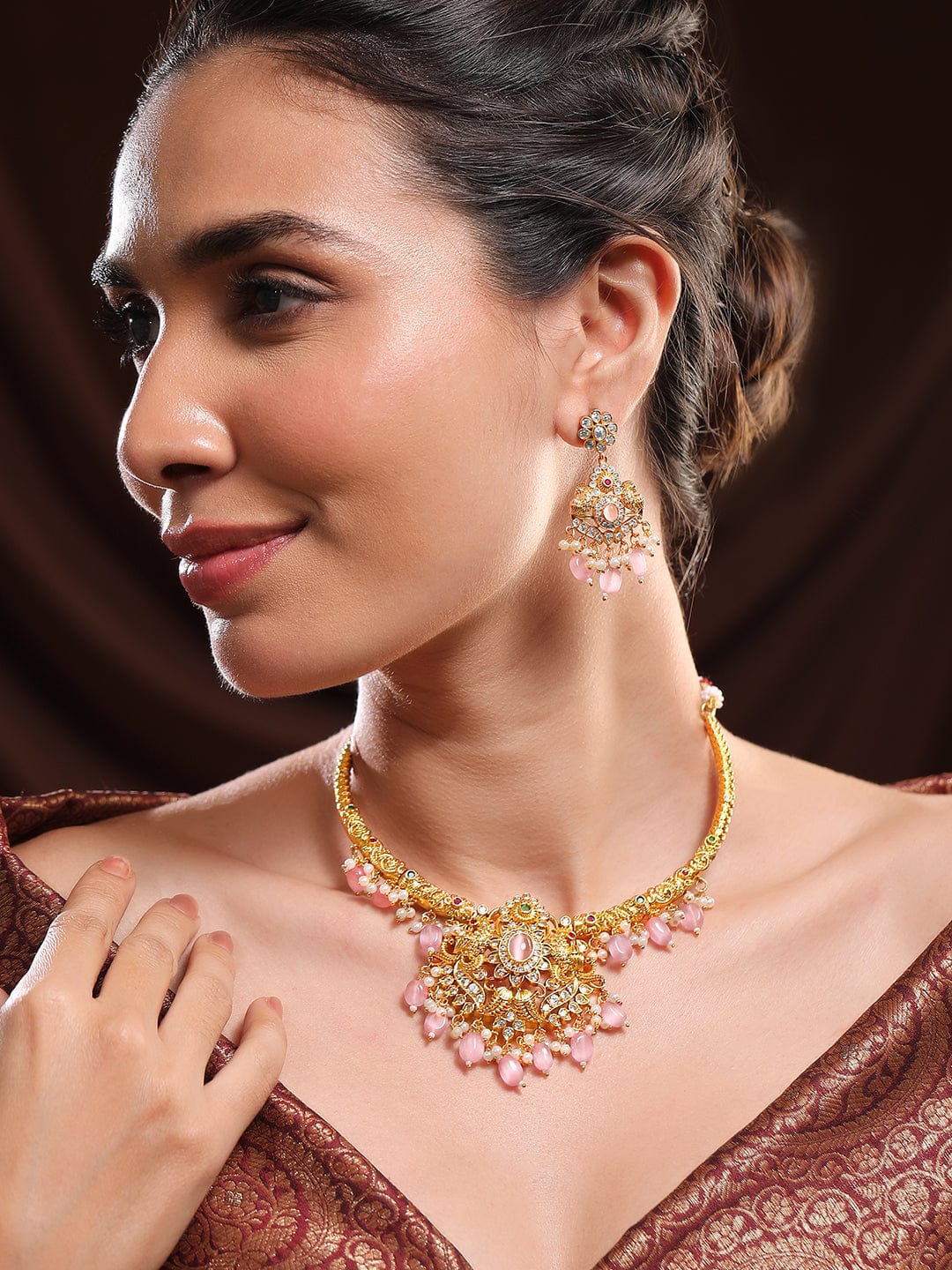 Multicolor Pink Beads Golden Necklace Set Pastel Pink