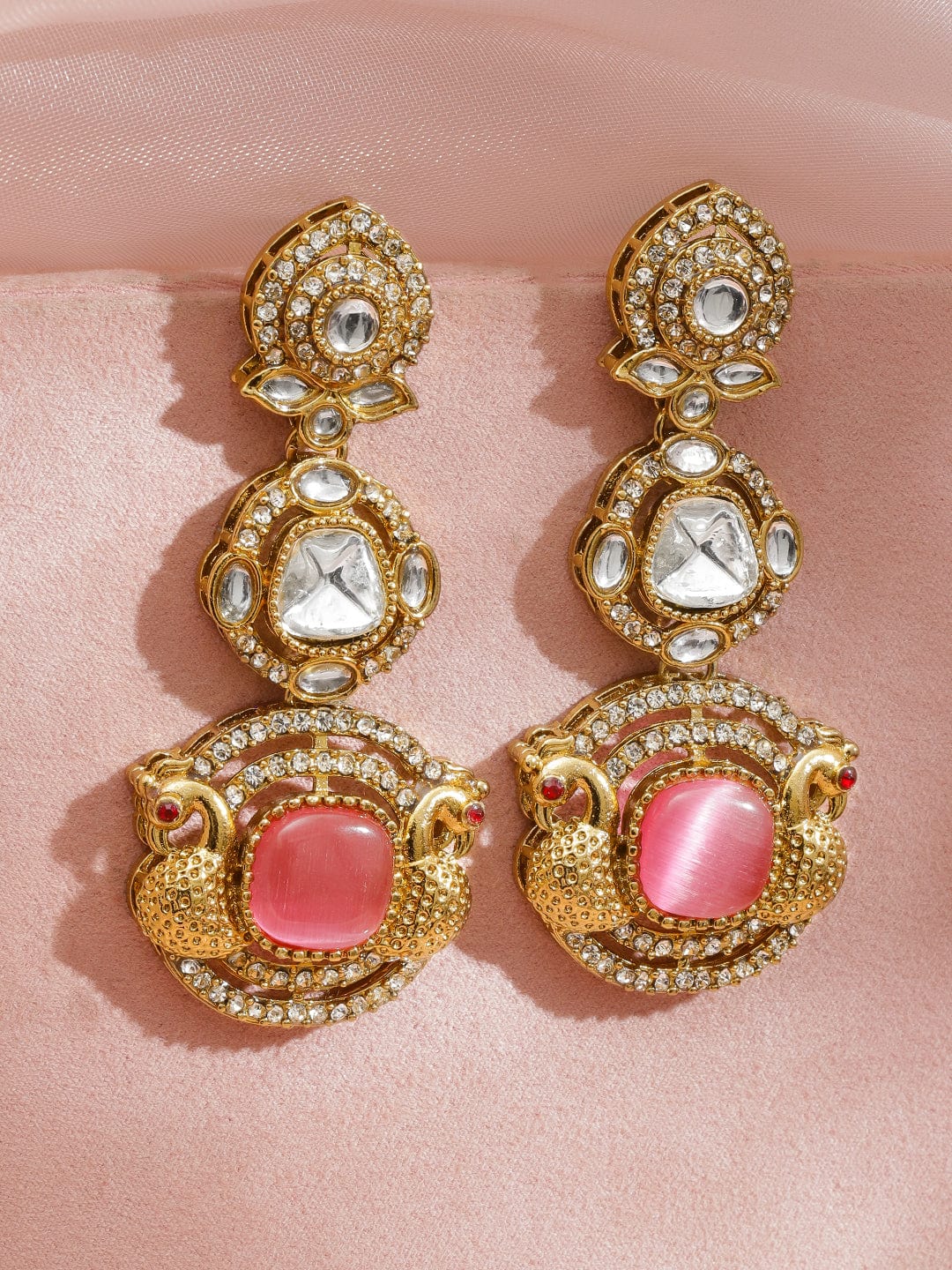 Radiant Pink White Kundan Danglers フリーサイズ