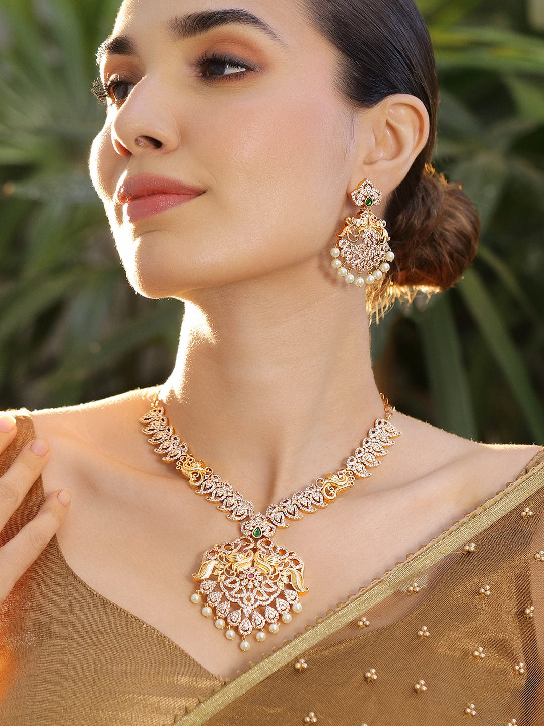 Pearl Drop American Diamond Zirconia Necklace Set フリーサイズ