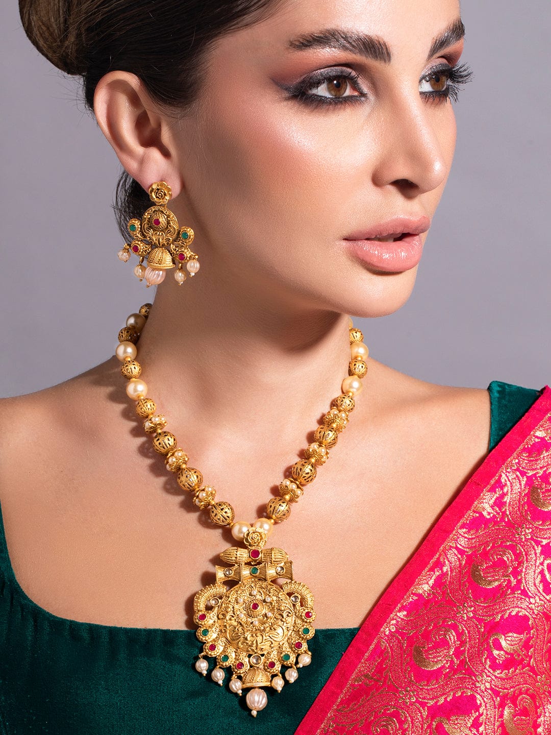 Rubans 24K Gold Plated Ruby & Emerald Stones and Pearl & Golden Beads Temple Jewelry Set Gold