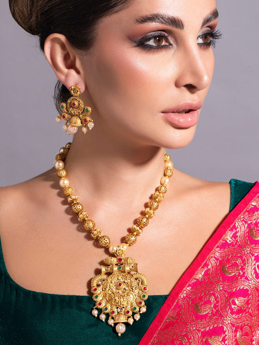 Rubans 24K Gold Plated Ruby & Emerald Stones and Pearl & Golden Beads Temple Jewelry Set Gold