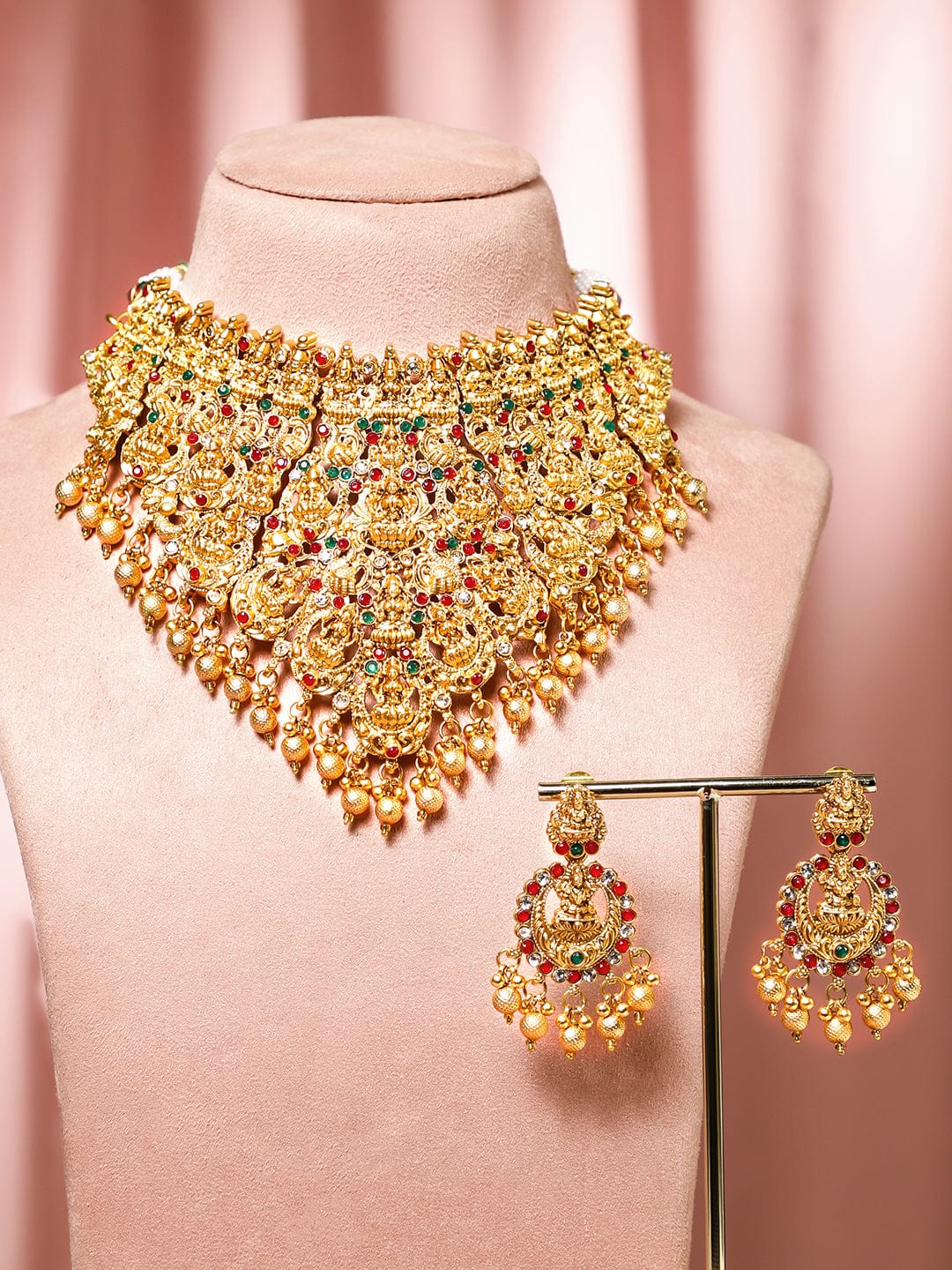 Rubans 22K Gold Plated Red, Green & White Stone Studded Lakshmi Motif Temple Jewellery Set Gold