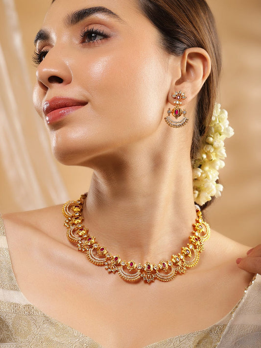 Rubans 24K Gold-Plated Ruby Pink & Cubic Zirconia Studded Temple Necklace Set with Chandbali Earrings Gold