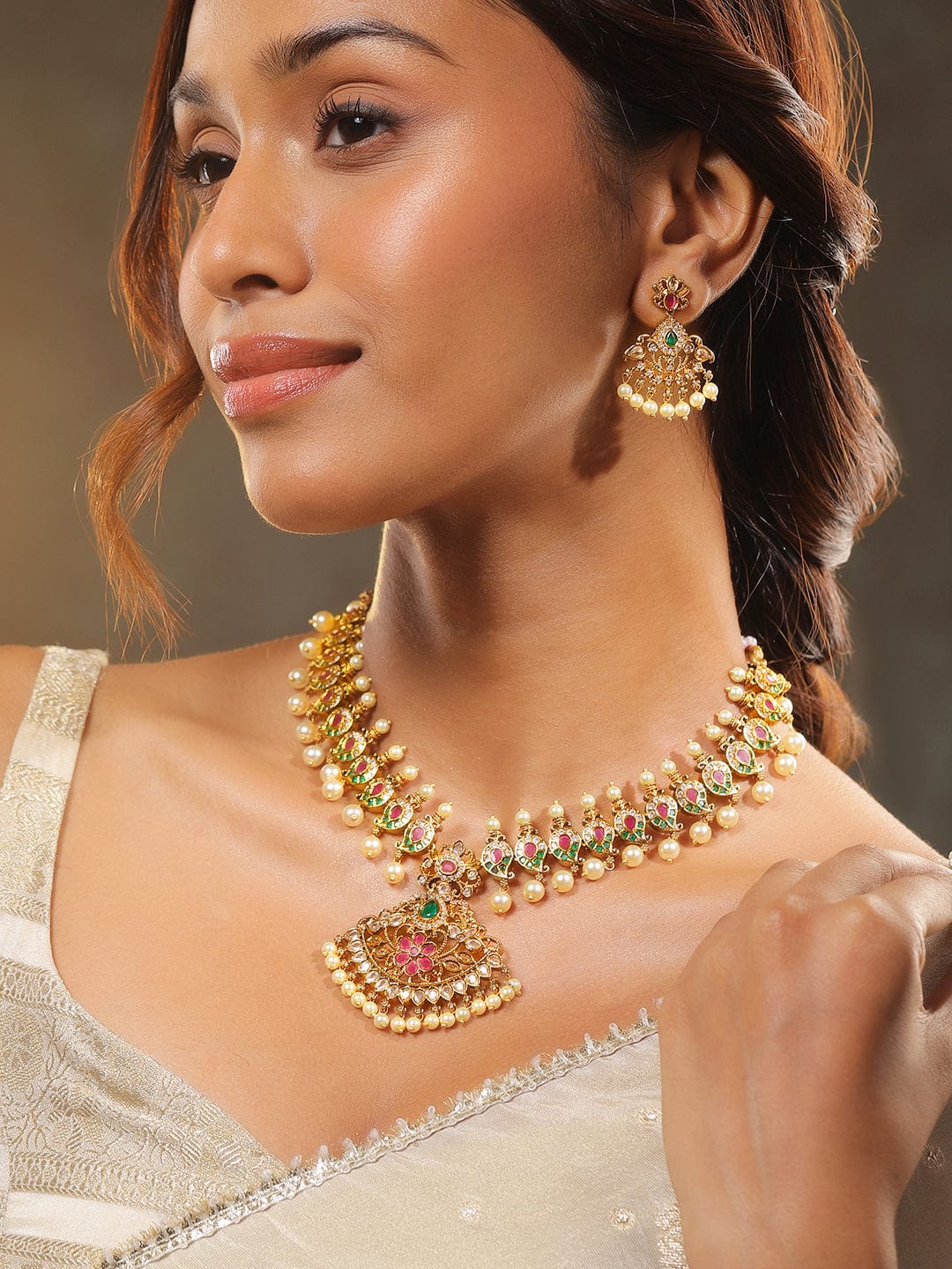 Multicolor American Diamond Zirconia Studded Pearl Necklace Set フリーサイズ