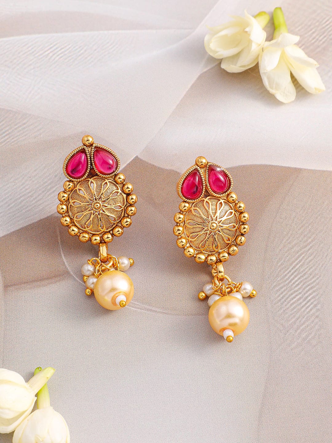 Gold Necklace Set With Pink & Green Studs フリーサイズ