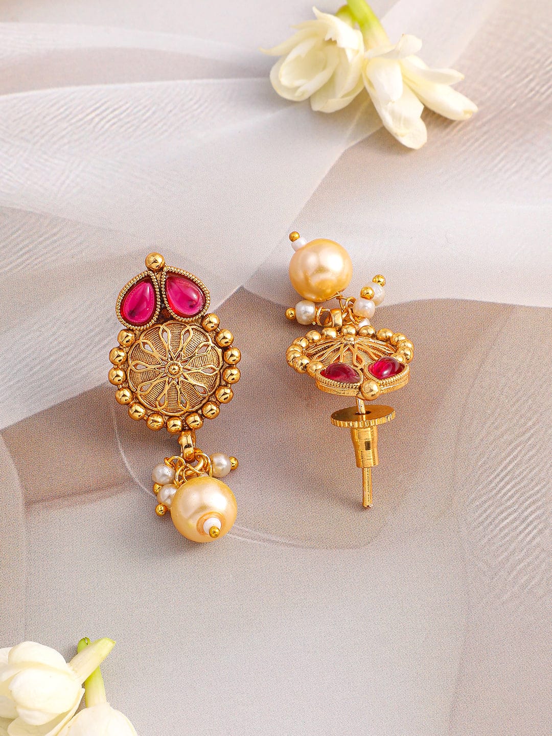 Gold Necklace Set With Pink & Green Studs フリーサイズ