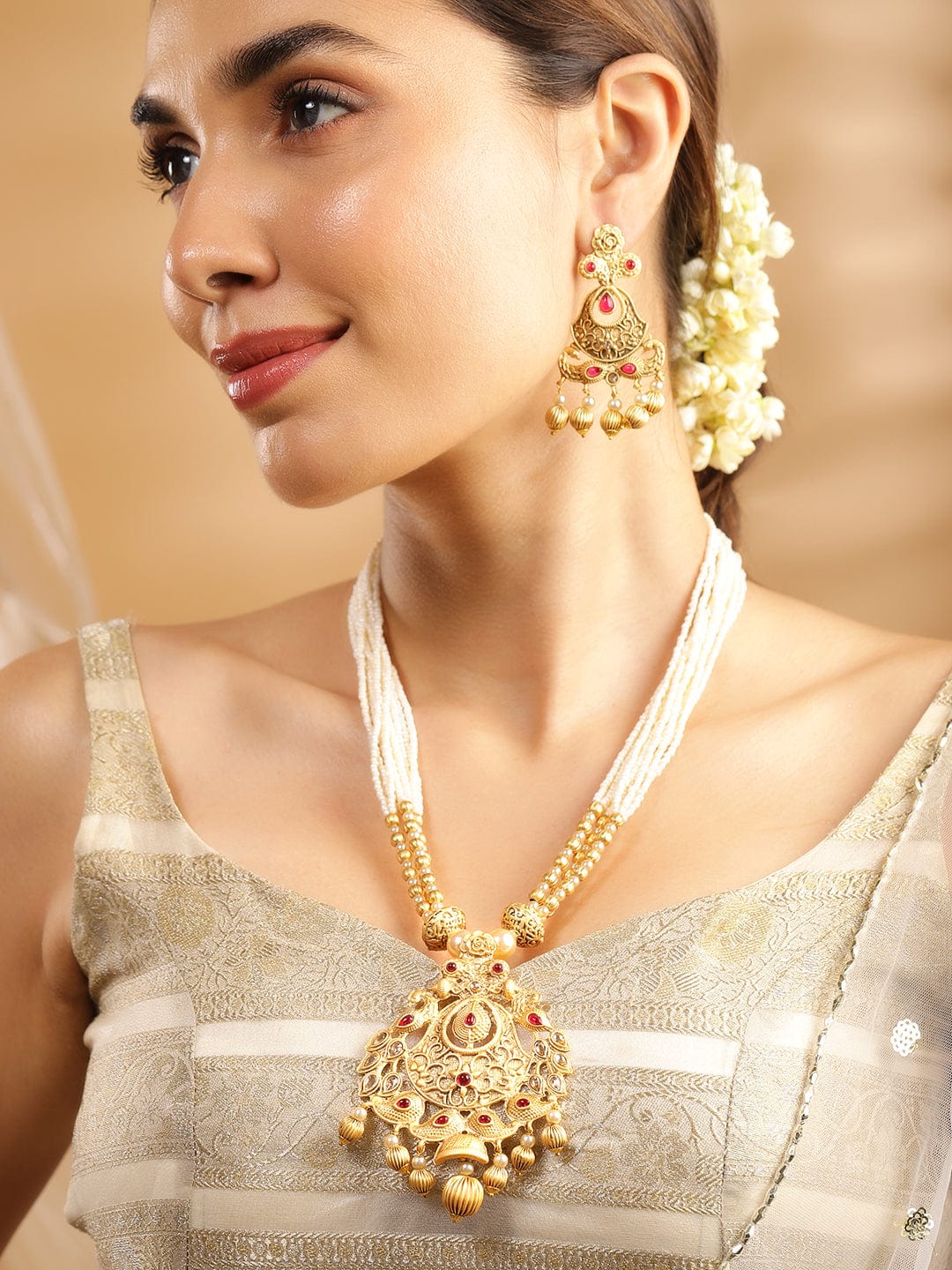 Rubans 24K Gold Plated Ruby Studded Golden & Pearl Beaded MultiStrand Temple Jewellery Set Gold