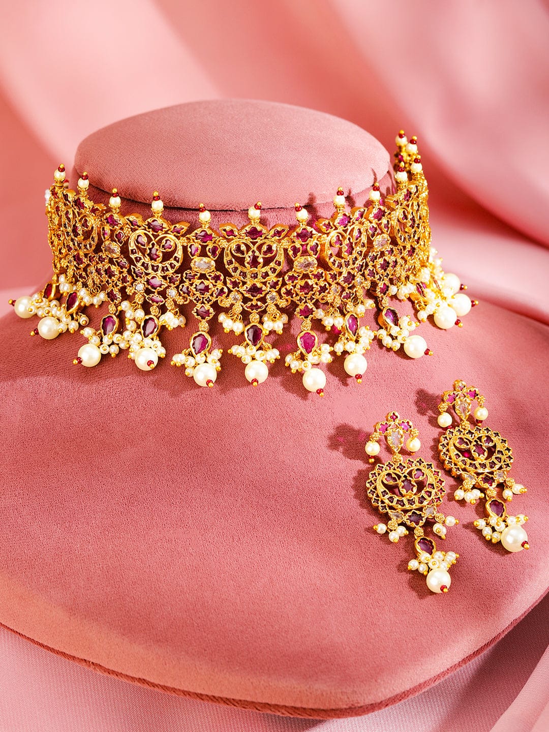 Pink Studded Pearl Beaded Kundan Choker Set Gold