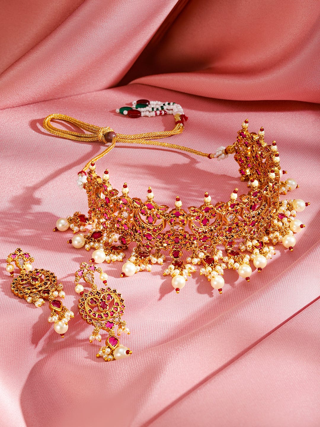 Pink Studded Pearl Beaded Kundan Choker Set Gold