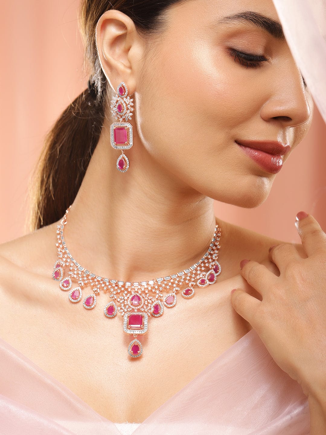 Rubans 24K Rose Gold Plated Ruby Pink Sapphire & Cubic Zirconia Studded Handcrafted Premium Jewellery Set Pink