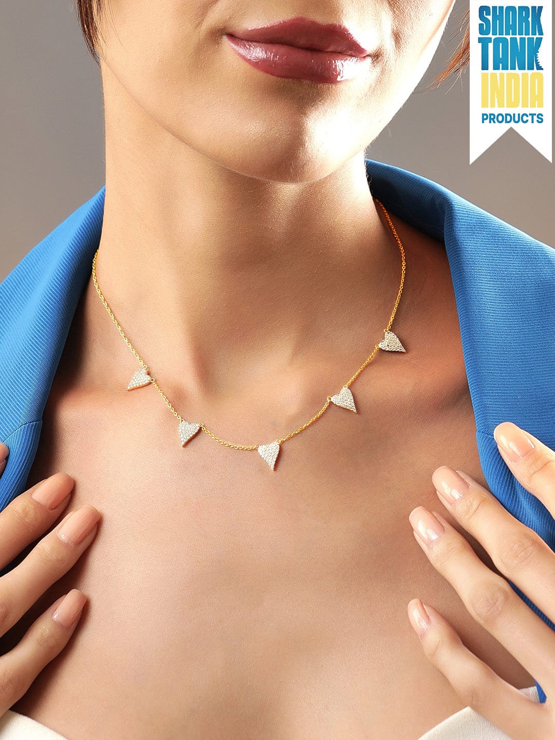 Rubans 925 Silver 18K Gold Plated Chain With Zircons Studded Multi Heart Charms Necklace Gold