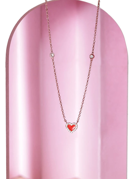 Elegant Red Heart Charm Chain Necklace Rose Gold