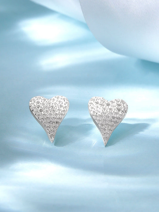 Rubans 925 Silver, Rhodium Plated Pave Zircons Studded Heart Motif Stud Earrings. Silver