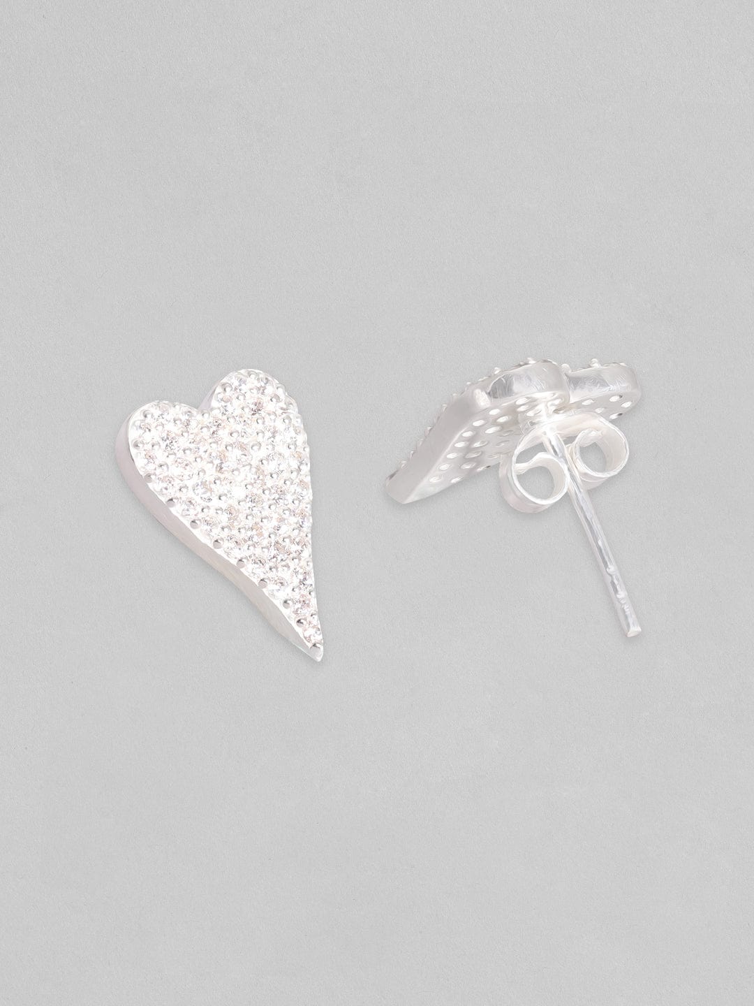Rubans 925 Silver, Rhodium Plated Pave Zircons Studded Heart Motif Stud Earrings. Silver