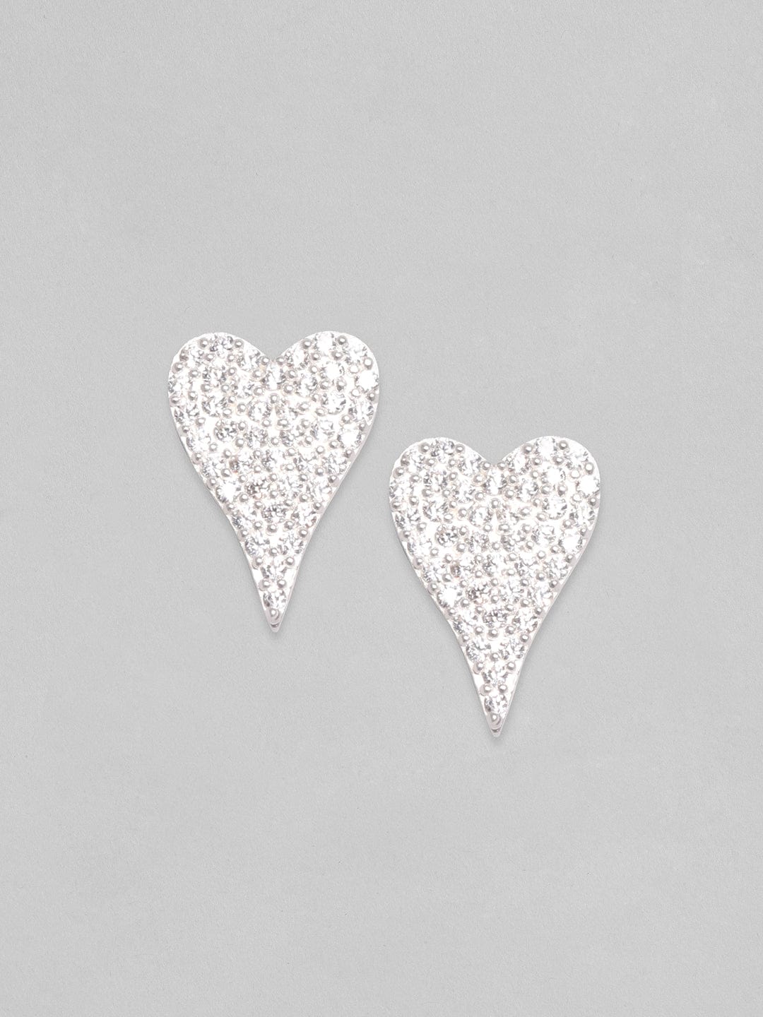 Rubans 925 Silver, Rhodium Plated Pave Zircons Studded Heart Motif Stud Earrings. Silver