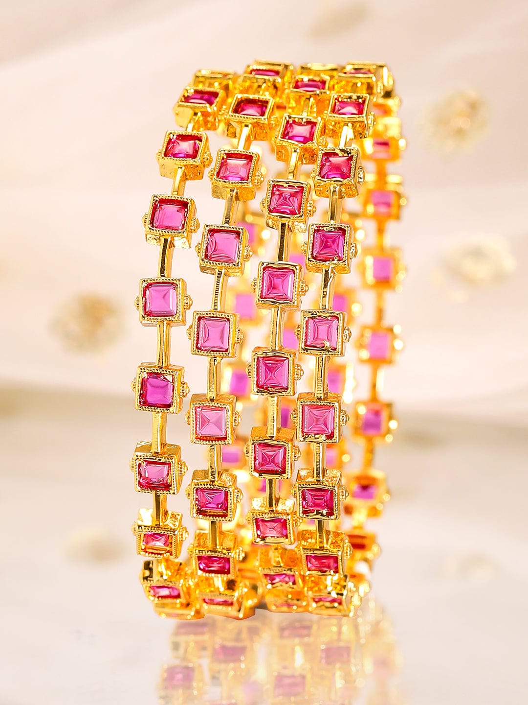 Rubans Align Set Of 4 22K Gold-Plated Ruby Pink Stone-Studded  Classic Bangles 2.8 - Large