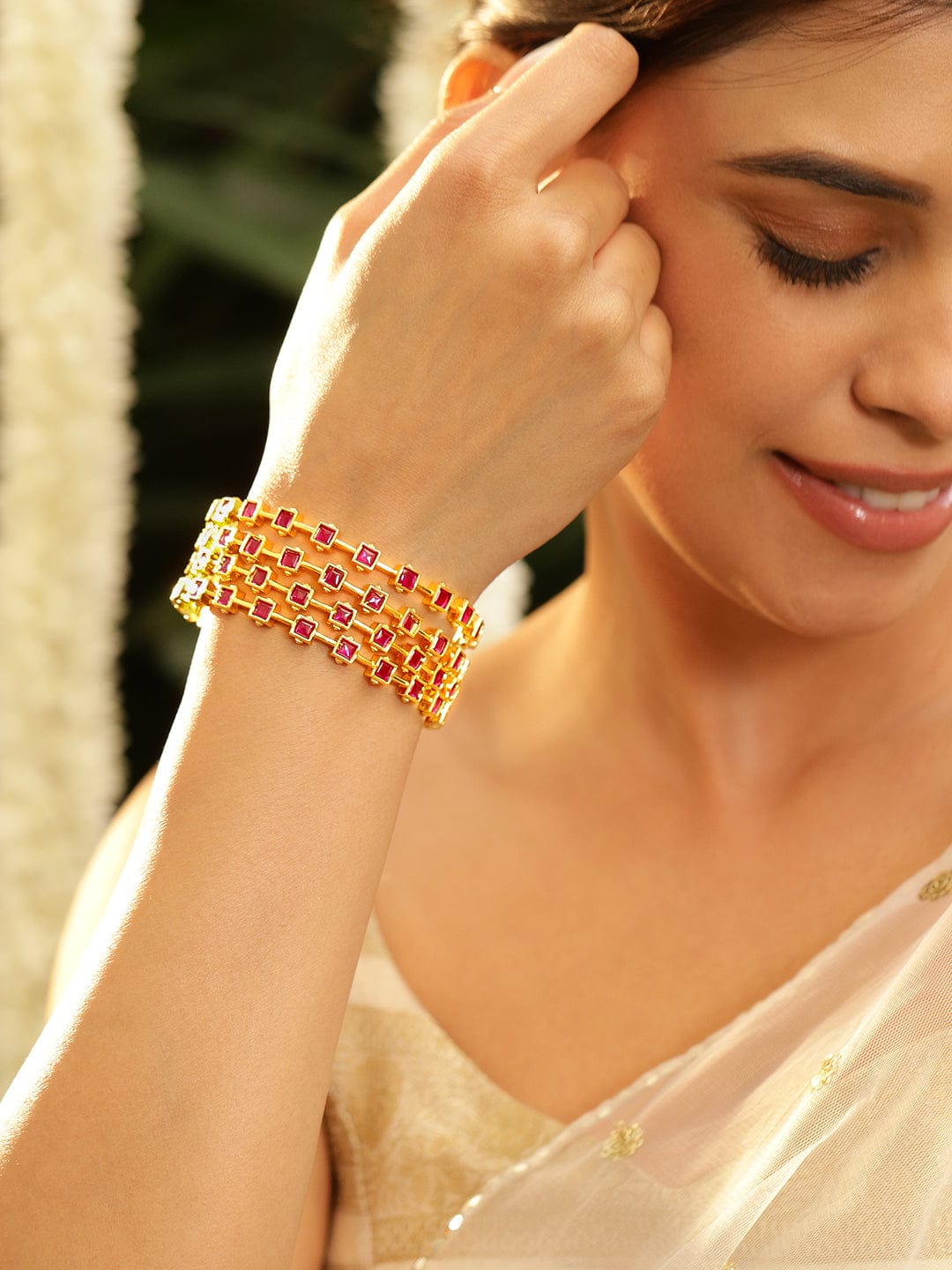 Rubans Align Set Of 4 22K Gold-Plated Ruby Pink Stone-Studded  Classic Bangles 2.8 - Large