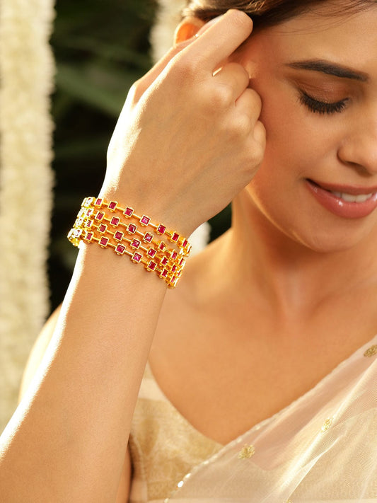 Rubans Align Set Of 4 22K Gold-Plated Ruby Pink Stone-Studded  Classic Bangles 2.8 - Large