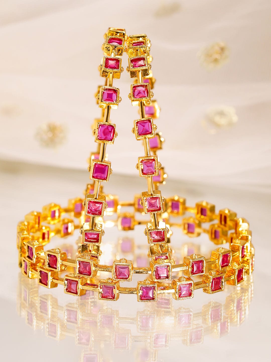 Rubans Align Set Of 4 22K Gold-Plated Ruby Pink Stone-Studded  Classic Bangles 2.4 - Small