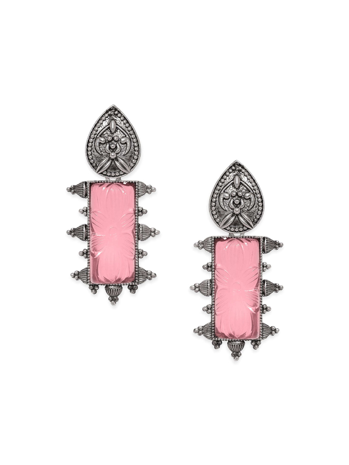 Pink Studded Oxidised Drop Earrings Silver::Pink