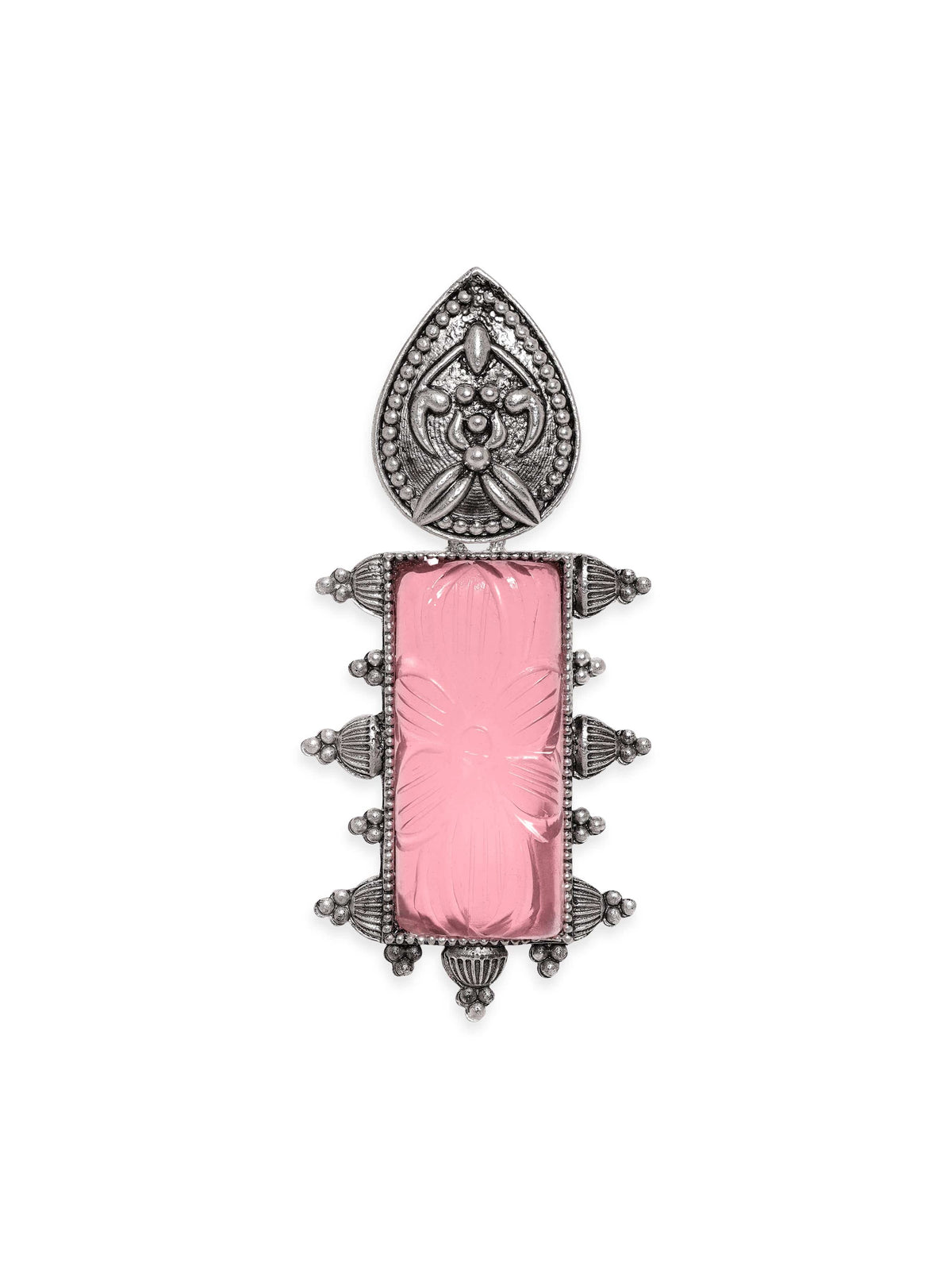Pink Studded Oxidised Drop Earrings Silver::Pink