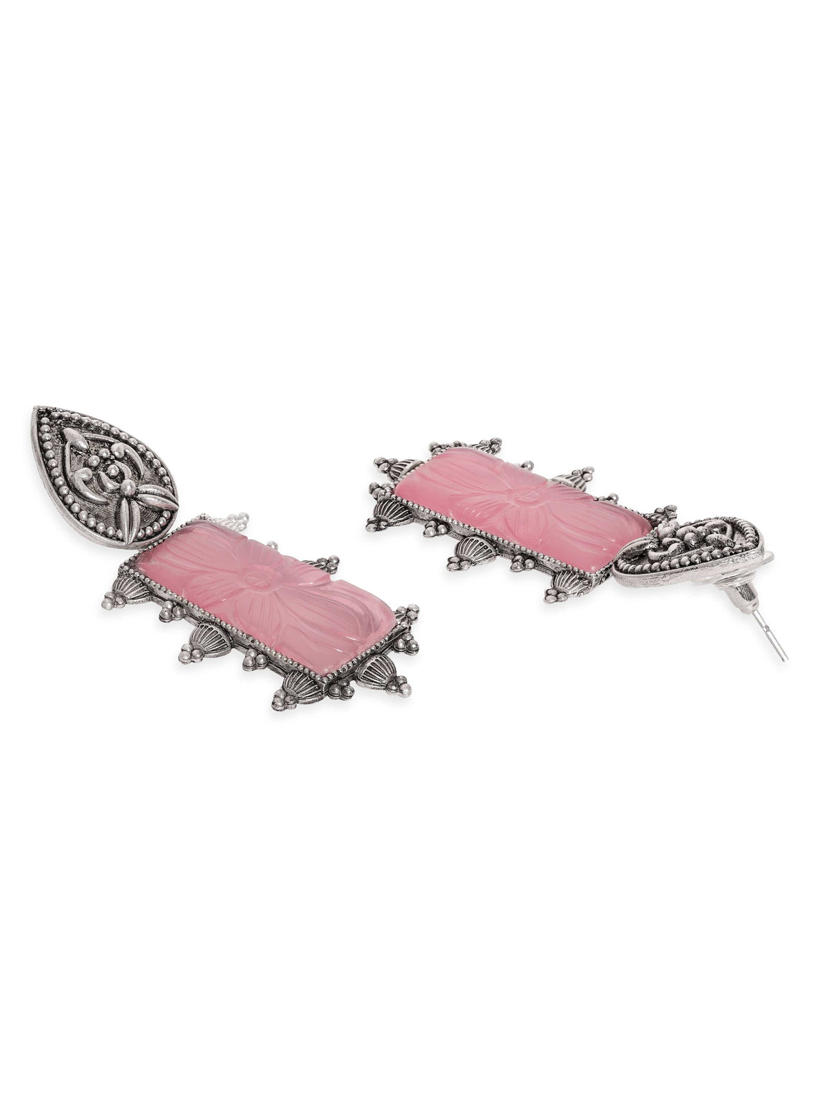 Pink Studded Oxidised Drop Earrings Silver::Pink