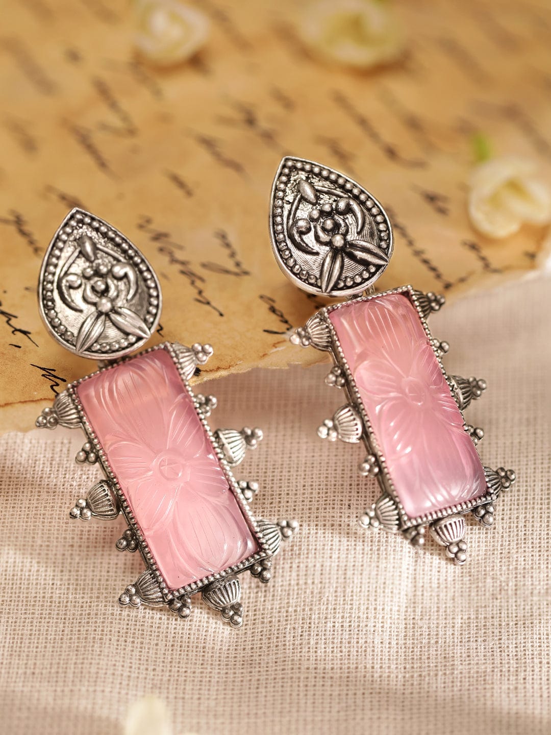 Pink Studded Oxidised Drop Earrings Silver::Pink