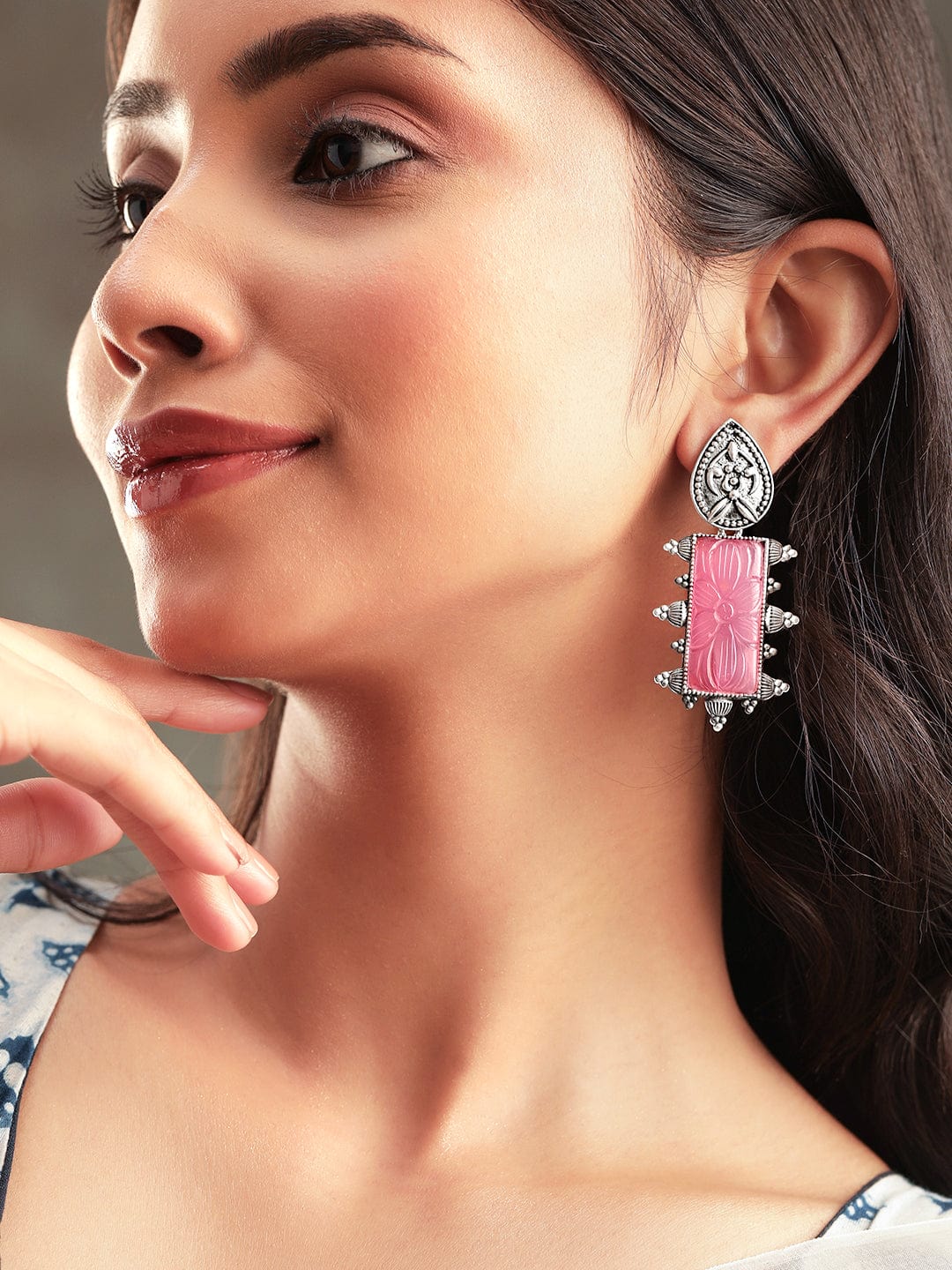 Pink Studded Oxidised Drop Earrings Silver::Pink