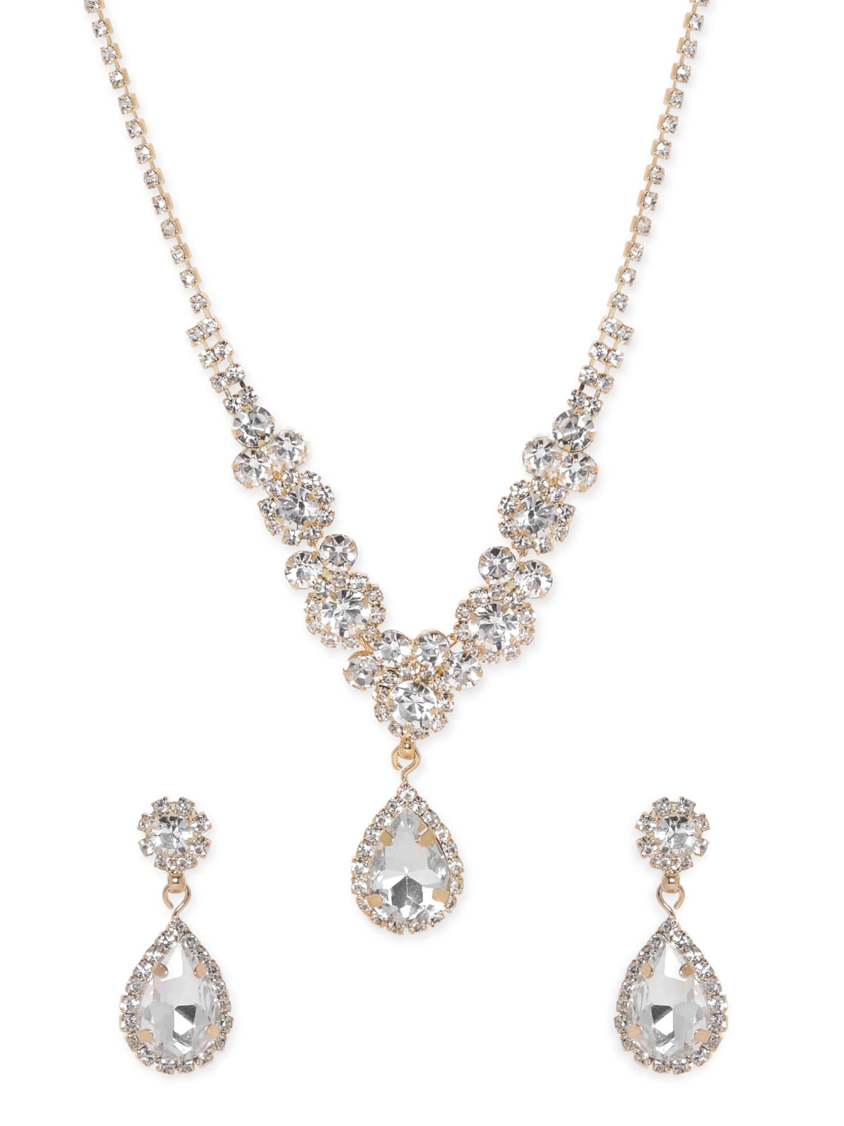 American Diamond Zirconia Teardrop Crystal Necklace Set Gold
