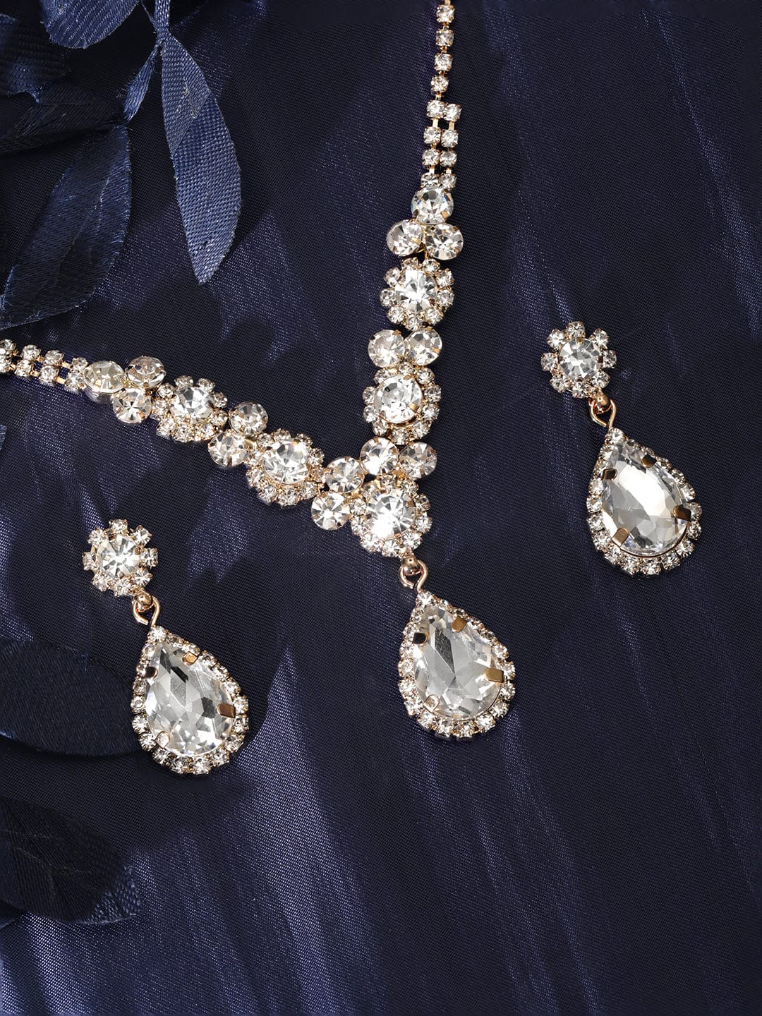 American Diamond Zirconia Teardrop Crystal Necklace Set Gold