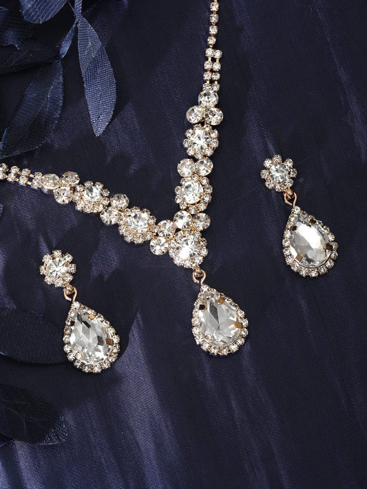 American Diamond Zirconia Teardrop Crystal Necklace Set Gold