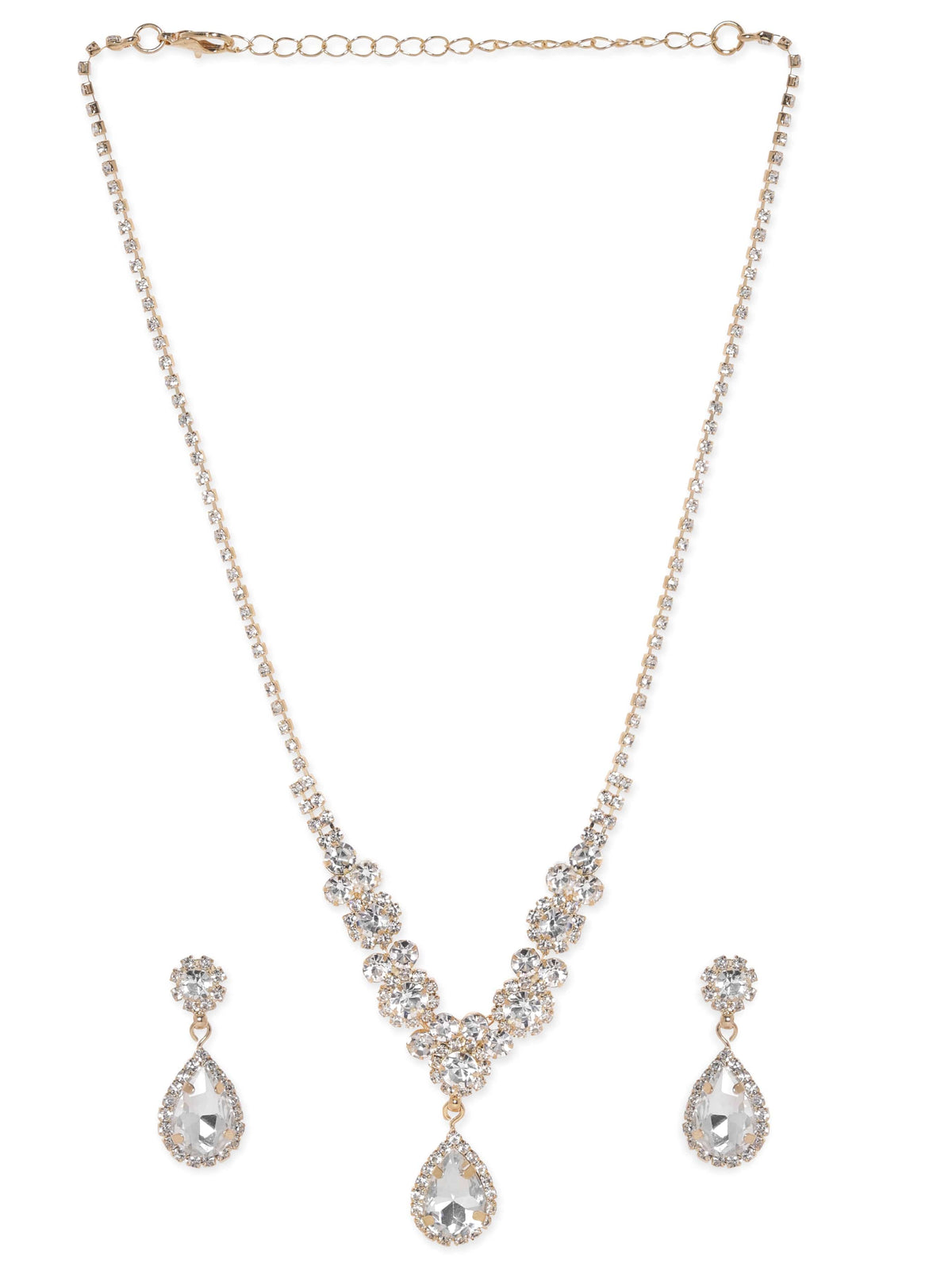American Diamond Zirconia Teardrop Crystal Necklace Set Gold