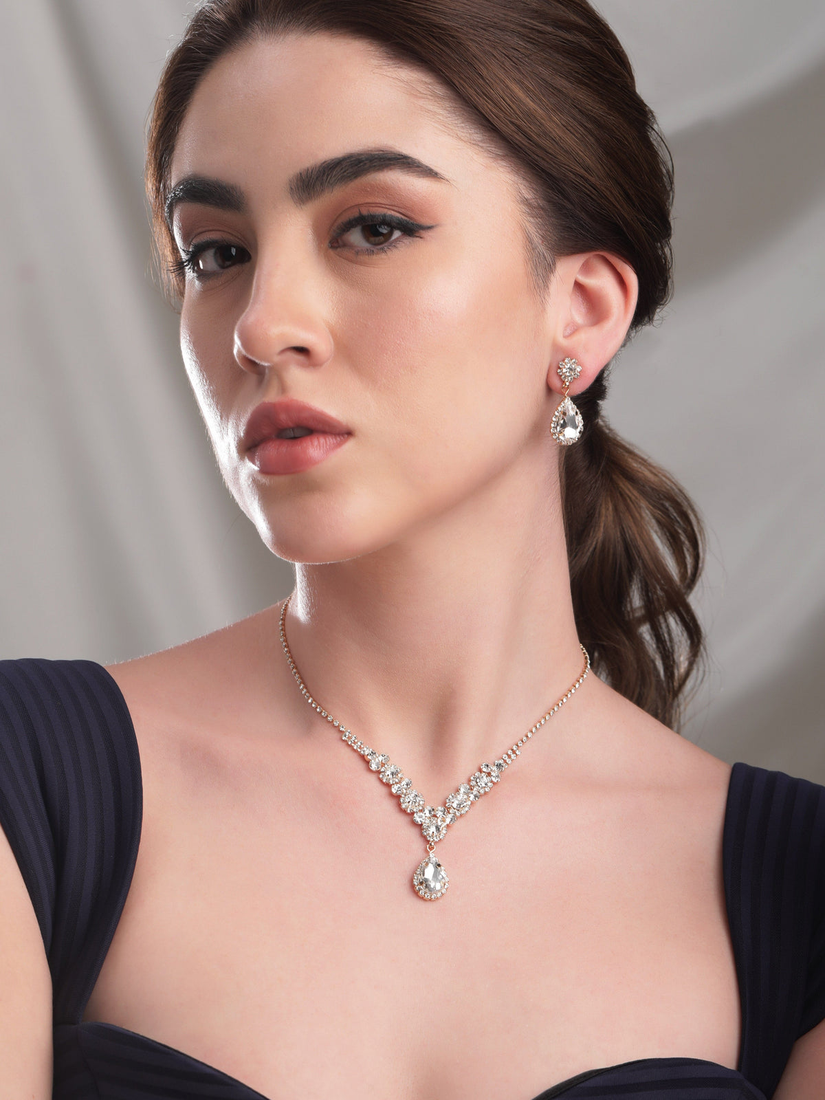 American Diamond Zirconia Teardrop Crystal Necklace Set Gold