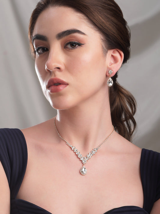 American Diamond Zirconia Teardrop Crystal Necklace Set Gold