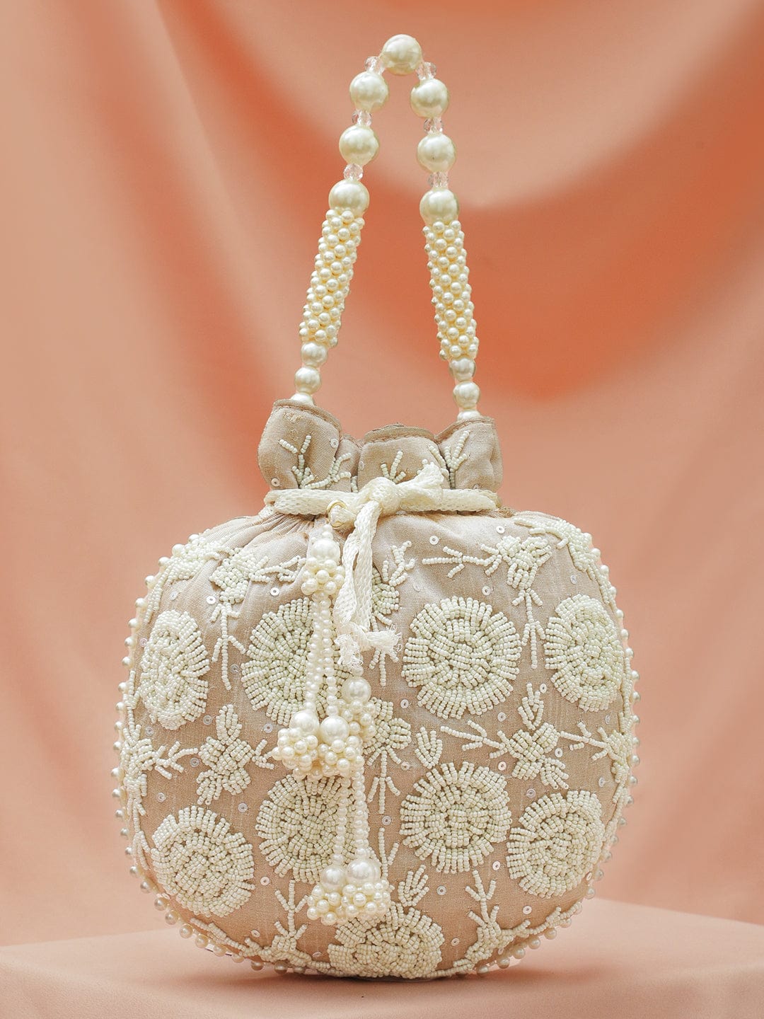 Rubans Beige Fabric Potli Bag with Pearl Floral Embroidery, Beaded Handle & Pearl Tassel フリーサイズ