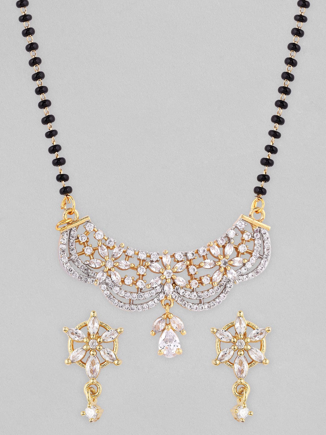 American Diamond Zirconia Mangalsutra With Floral Earrings Gold